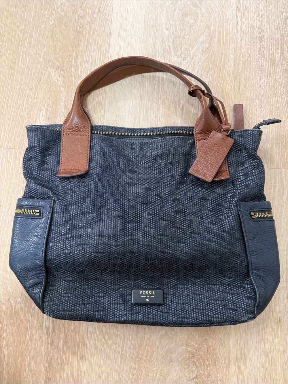 Fossil Navy and Brown Leather-Trim Tote
